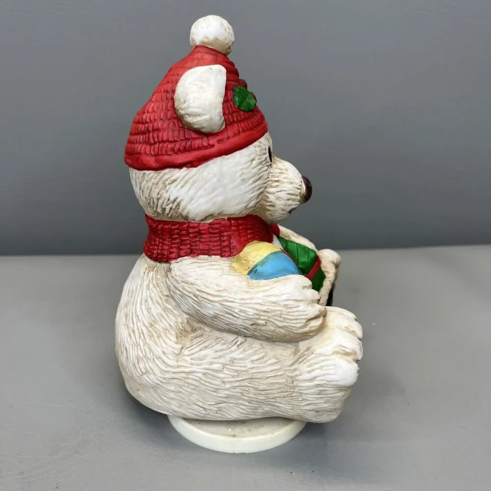 Vintage Christmas Musical Windup Turning Ceramic Polar Bear Music Box Toyland